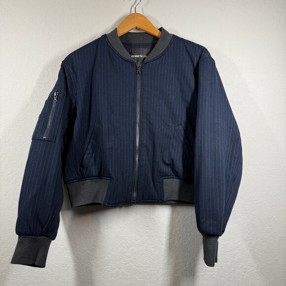 Women's Kenneth Cole Navy Pinstripe Bomber Baseball Jacket Size L NEW - Picture 1 of 7